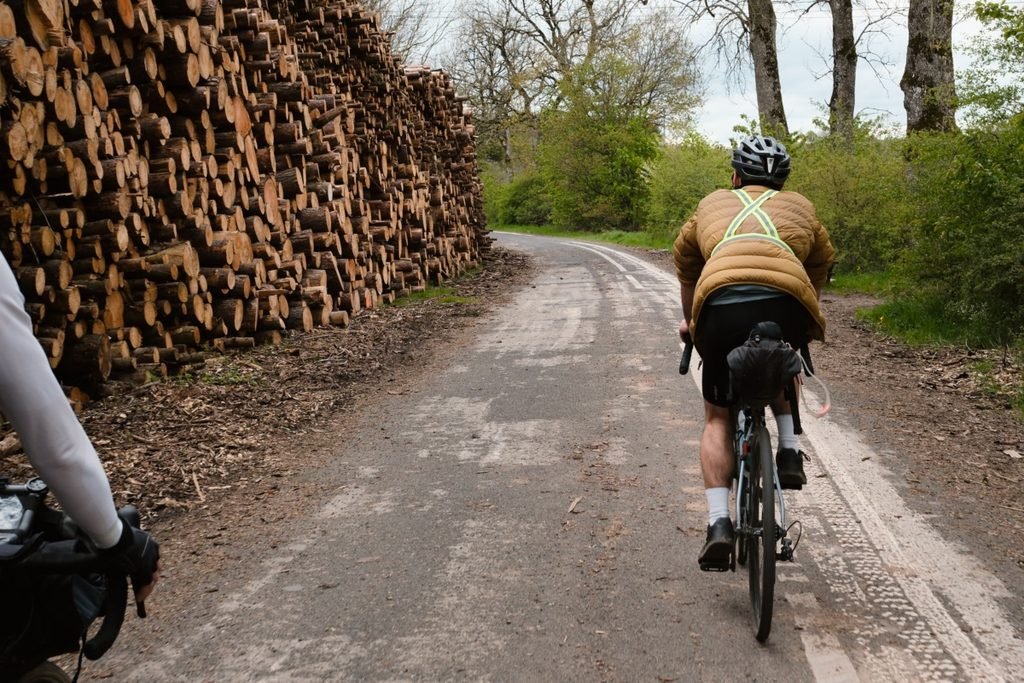 Gravel acier : ce que plus de 2 ans sur un Reynolds 853 m'ont appris 7 Deux cyclistes en gravel sur une route forestière abîmée, le long d’une pile de grumes, l’un photographié depuis le guidon de l’autre.